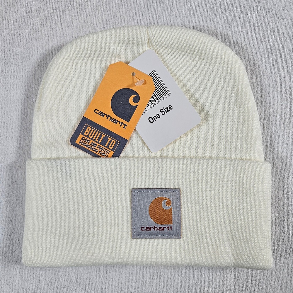 Carhartt Beanie Unisex One Size Cream Knit Cuffed Logo Patch Hat